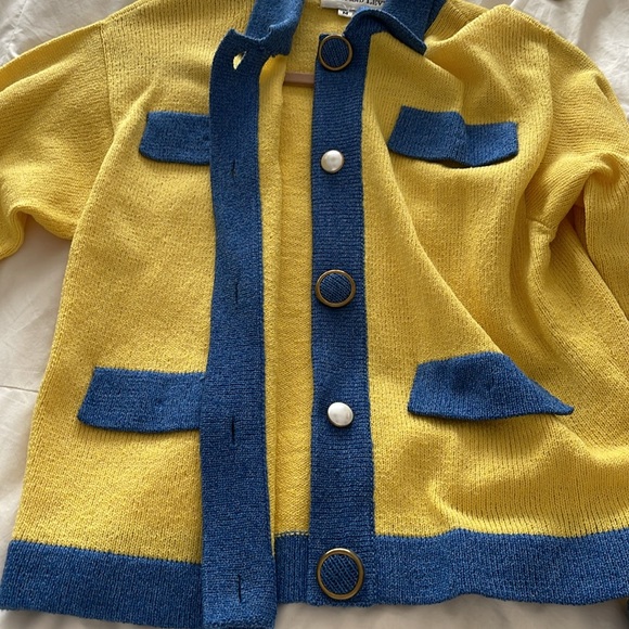 NWOT Vintage Rich and Levy yellow n blue wool knit cardigan sweater - Picture 7 of 12